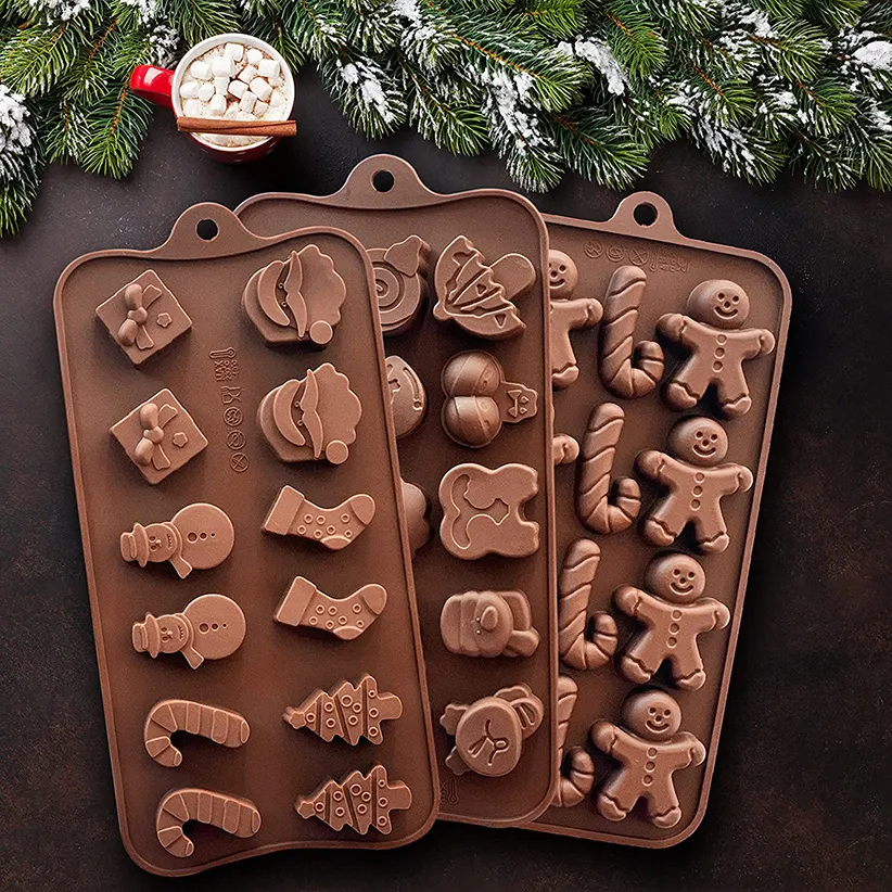 チョコレートケーキキャンディービスケット用のホットセールクリスマスをテーマにした金型シリコンモールドシリコンベーキングモールド