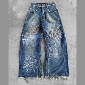 DiZNEW jeans denim sobek bordir jalanan tinggi jins antik bertumpuk dicuci gelap jeans biru pria distressed