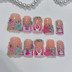 <span class=keywords><strong>Faux</strong></span> <span class=keywords><strong>Ongles</strong></span> Réutilisables en Acrylique Faits Main, Modèle Bec de Canard, <span class=keywords><strong>avec</strong></span> Strass 3D Glace, Étoile et Flamme, Style Français, Vente en Gros - Product Image 3