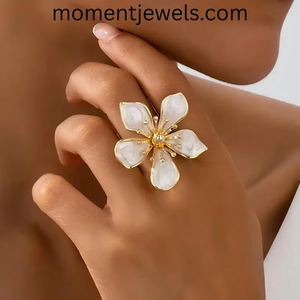 Anillo grueso de esmalte con flores, chapado en oro, colorido, estilo retro, anillo llamativo con diseño floral, joyería de moda para mujer, uso diario. - Product Image 4