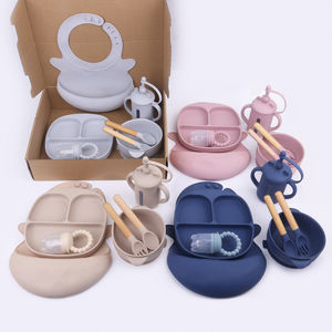Ensemble Repas Bébé Personnalisable avec Logo, Bavoir Bol Assiette Tasse d'Apprentissage Cuillère Fourchette Sucette à Fruits en <span class=keywords><strong>Silicone</strong></span>, Vaisselle Bébé en <span class=keywords><strong>Silicone</strong></span> - Product Image 1