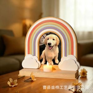 <b>Wooden</b> <b>Rainbow</b> Photo Frame For Dog Cat With Candle Holder Tabletop Decor Custom Shape Handmade Cartoon Design - Product Image 1