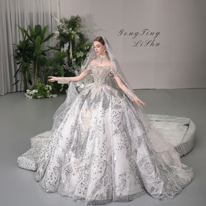 GT145 Modern Wedding Dress Beaded <b>Sequined</b> Crystal Appliques Floral Print Customized Ball Gown Chapel Train Floor-Length - Product Image 1