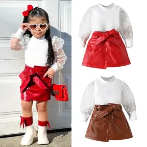 2023 Autumn Fashion Girls Boutique Clothes Sets Polka Dot Mesh Long Sleeve Tops PU Leather Mini Skirt 2pcs Outfits For Kids