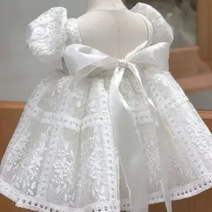 Vestido de renda branca para meninas de 1 a 5 anos, vestido tutu fofo de manga curta para meninas, vestido de verão para aniversário e casamento