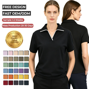 OEM Custom <strong>Women</strong> V Neck <strong>Polo</strong> t <strong>Shirt</strong> with Contrast Piping Cotton Piqu&eacute; Summer Short Sleeve Workwear <strong>Polo</strong> Tee Factory Wholesale - Product Image 1