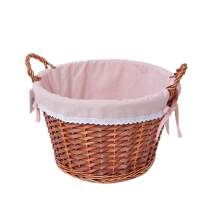 Rustic Antique Circle Wicker Picnic Basket <strong>Empty</strong> Easter <strong>Hamper</strong> with Folding Handles Willow Garden Harvest - Product Image 1