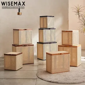 WISEMAX FURNITURE北欧のアパートホーム無垢材籐コーヒーテーブルクリエイティブ長方形収納ボックスミニマリストホームオットマン