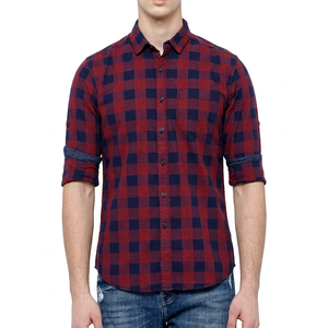 Chemise décontractée à carreaux pour homme, 100 % coton sergé, anti-boulochage, manches longues, poignets contrastants, saison printemps, personnalisable avec étiquette du vendeur - Product Image 1