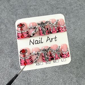 Tszs Leopard Prin Màu Hồng Pháp Nail Mẹo Y2K Phong Cách Vịt Ngắn Handmade Báo Chí Trên Móng Tay Với Gai Thiên Thần Hoa Charms Thạch - Product Image 1