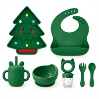 Ensemble d'alimentation pour bébé en silicone vert, comprenant assiette, bavoir, tasse à paille, bol, cuillère, fourchette et distributeur de nourriture, motif sapin de Noël, pour repas d'enfants