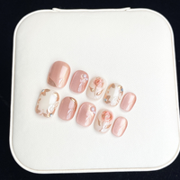 Ongles press-on 100% faits à la main, rose nude, effet œil de chat, 3D, or rose, perle, ongles courts ronds délicats