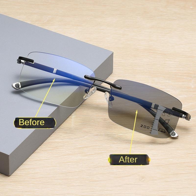 191 High Quality square Cut Rimless Presbyopia Metal Photochromic Lens Anti Blue Light Reading Glasses for Women Men