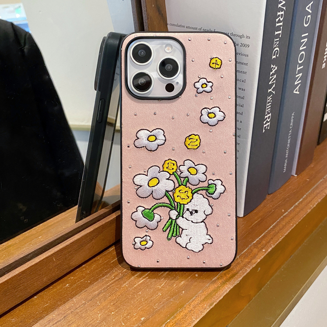 Embroidery Cartoon Dog Color Stripe Soft Shockproof Phone Case with Flowers for iPhone 17 16 15 Pro Max 14 13 Custom Wholesale