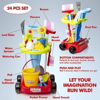 Chariot de jardinage pour enfants, 24 pièces, accessoire avec râteau à feuilles, arrosage Can, jeu de nettoyage, outils de jardinage, jouets pour l'entretien de la maison