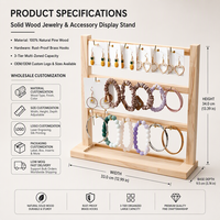 Présentoir à bijoux en bois de pin naturel, support à accessoires pour boucles d'oreilles à 3 niveaux avec crochets en laiton pour présentation en magasin ou sur coiffeuse