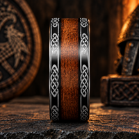 JLM Cincin Pria Baja Tahan Karat Hitam Antik Cincin Pernikahan Simpul Celtic Inlay Kayu Alami Hadiah Perhiasan Biker Punk
