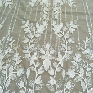 Fashion Zuhair Murad Beaded lace Sequins bridal lace fabric tulle lace fashion wedding dress ivory fabric 130cm width