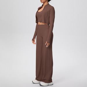 Abbigliamento da donna in tinta unita spazzolato aderente all'americana lungo a tre pezzi Set da Yoga sportivo da corsa - Product Image 2