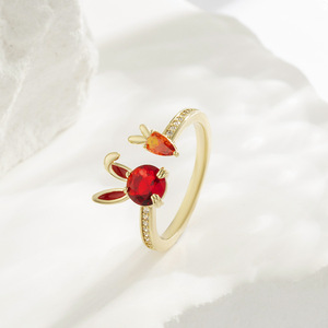 Cute Bunny Open Ring Animal Zodiac Design Red Gemstone Index Finger Jewelry Gift - Product Image 1