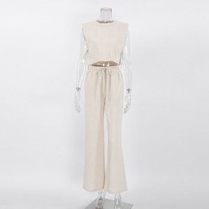 Camicetta e pantaloni senza maniche 2025 estate su misura con spalle imbottite <span class=keywords><strong>in</strong></span> <span class=keywords><strong>lino</strong></span> coordinate Resort Wear OEM fabbrica all'ingrosso - Product Image 3