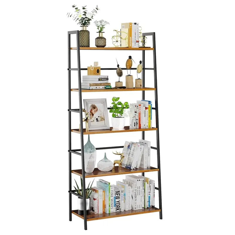 5 Tier Bookshelf Industrial Shelf Open Display Storage Rack Wood Bookcase with Metal Frame, Freestanding Storage Shelves