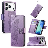 Étui portefeuille à rabat pour iPhone 18 17 Pro Max avec porte-cartes, motif papillon et fleur en relief, en cuir PU