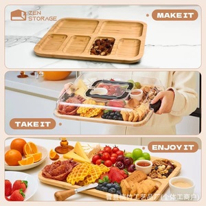 Plateau de service en bambou Zen Storage avec couvercle, plateau à fromage portable pour pique-nique, voyage, collations, présentation de fruits - Product Image 1