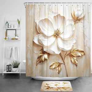 Ensemble <span class=keywords><strong>de</strong></span> rideaux <span class=keywords><strong>de</strong></span> <span class=keywords><strong>douche</strong></span> floraux élégants, design abstrait minimaliste moderne, <span class=keywords><strong>blanc</strong></span> <span class=keywords><strong>et</strong></span> <span class=keywords><strong>or</strong></span>, polyester, 4 pièces, imperméables, avec anneaux, pour salle <span class=keywords><strong>de</strong></span> bain - Product Image 2