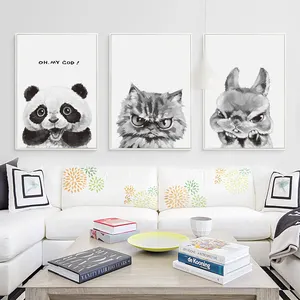Toptan poster kedi duvar dekor-Siyah ve beyaz komik hayvan odası dekorasyon tuval boyama Panda tavşan kedi köpek posteri duvar resmi oturma oda duvar dekoru