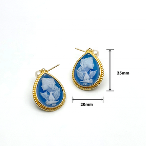 Antique Court Style Vintage 18K Plaqué Or S925 Argent Perle Bijoux <span class=keywords><strong>Bleu</strong></span> Agate Colombe <span class=keywords><strong>Camée</strong></span> Goutte D'eau Boucles D'oreilles pour Femme - Product Image 5