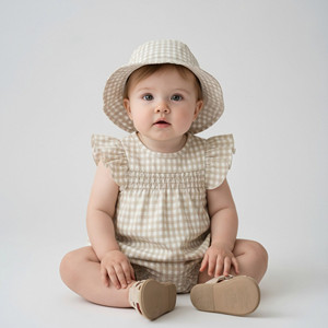 Tutina per Bambina con Motivo a Quadretti, Ecologica, Morbida, Traspirante, con Maniche a Volant, Design Gratuito - Product Image 1