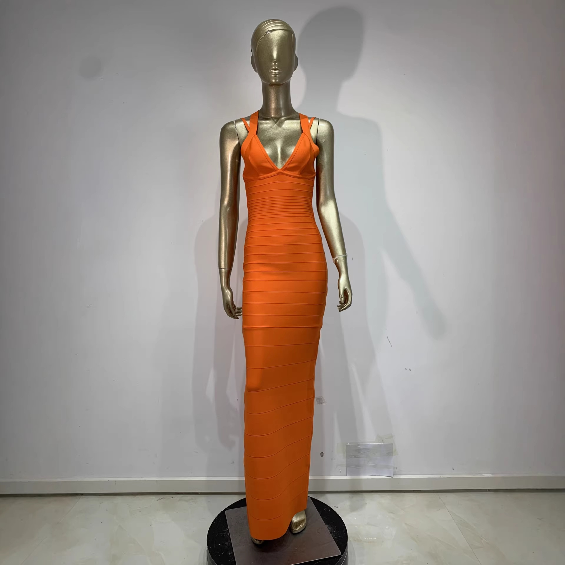 On Sale Orange Backless Dresses Crystal V-Neck Detail, Halter Neckline