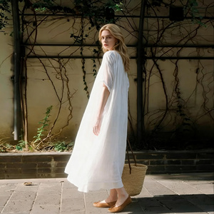 Vestido Maxi Personalizado para Mujer, de Chifón Sólido, Color Blanco Natural, Poliéster y Algodón, Transpirable, Elegante, Holgado, para Playa, Vacaciones, Casual - Product Image 4