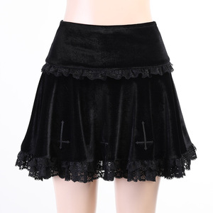 Goth Mall Gothic Aesthetic Velvet Pleated Mini Skirts Women Vintage Harajuku <strong>Emo</strong> Alt <strong>Clothes</strong> High Waist Lace Ruffles Skirt - Product Image 2