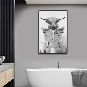 Cute Funny Highland Cow on a Toilet Canvas Painting stampe <span class=keywords><strong>in</strong></span> bianco e nero Wall Art Home <span class=keywords><strong>bagno</strong></span> Decor - Product Image 2