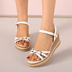 Sandales <span class=keywords><strong>compensées</strong></span> en lin à bout ouvert pour femmes, vente en gros d'usine - Chaussures plateforme <span class=keywords><strong>espadrilles</strong></span> à bride cheville pour l'été - Product Image 2