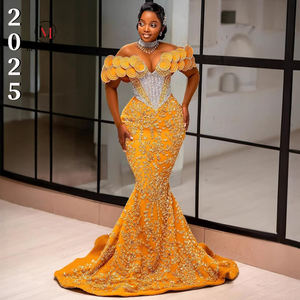 LM L693 Lussuoso Abito da Sera Arancione a Sirena con Spalle Scoperte, Corpetto Decorato e Coda Lunga fino al Pavimento - Product Image 1