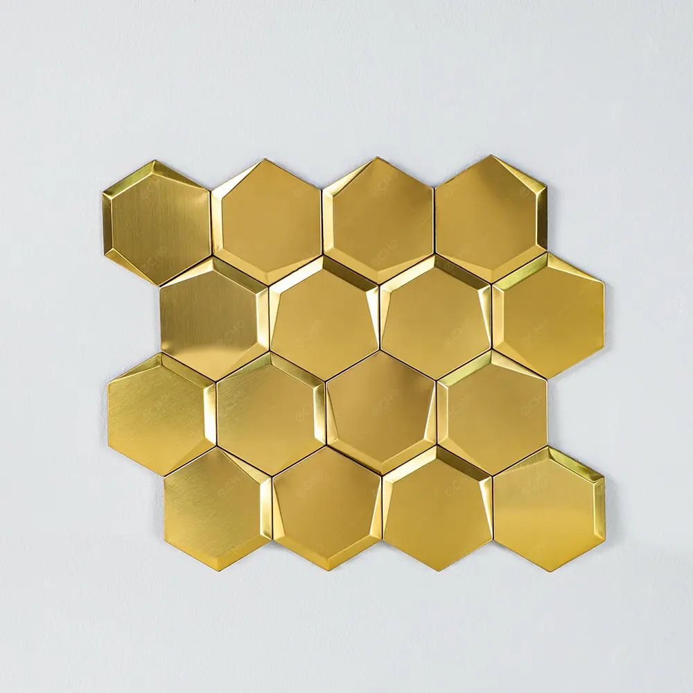 3D六角形ゴールドブラッシュドステンレススチールピールアンドスティックメタルモザイクタイル