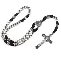 Nouveauté Collier de prière en corde tressée avec perles de 10 mm, pendentif en alliage en forme de croix, collier de prière catholique en paracorde