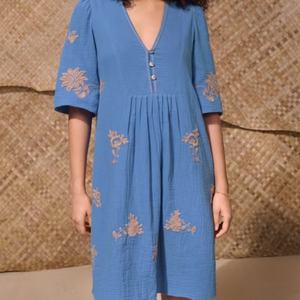 Vestido de Lino y Algodón Personalizable, Elegante, Cuello en V, Casual, Corte en A, Manga Corta, Midi, Verano, para Mujer - Product Image 1