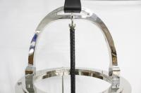 Lustre suspendu en laiton nickelé poli XZ, 4 lumières, cage en verre transparent, avec cordon en cuir tressé et poignée en cuir