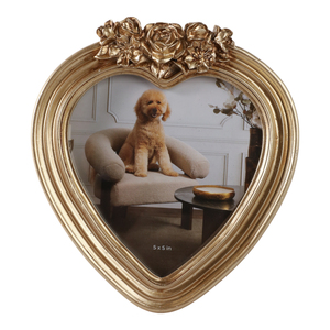 Heart Photo <b>Frame</b> with Roses Top Detailing Ornate <b>Gold</b> Metal 5x5 In Tabletop Decor - Product Image 1