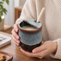 Mug en céramique vintage à glaçure réactive avec paille, style Wabi-Sabi japonais, pour le bureau et la maison, avec trou pour paille