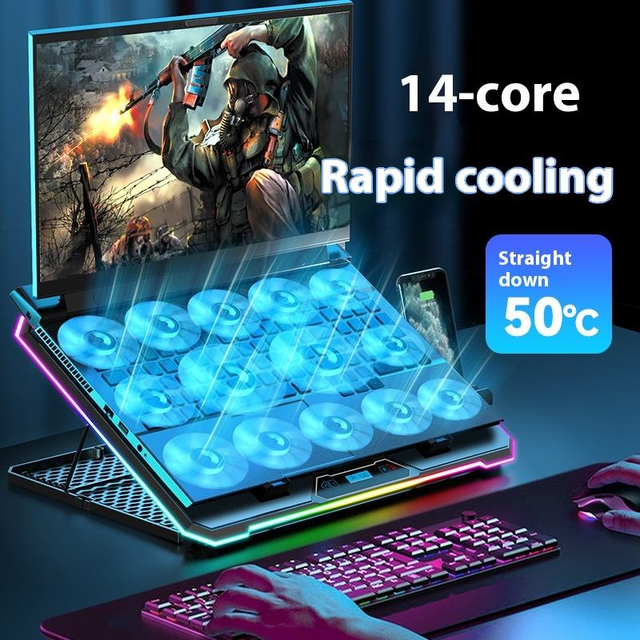 Laptop Cooling Pad Base 14 Fan Silent Gaming Cooler Metal Stand Plate for Laptops