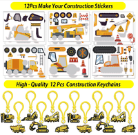 Kit de Faveurs Thème Construction pour Enfants : Autocollants Excavatrice et Pelleteuse, Baguettes à Bulles en Plastique, Porte-clés, Décoration de Gâteau - Cadeau pour Fêtes