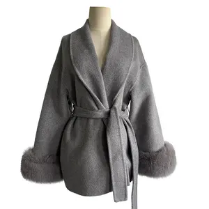 QC23050 nouveauté manteau Cardigan en laine cachemire de haute qualité avec poignets en fourrure de renard détachables