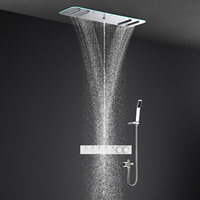 Système de douche encastré haut de gamme avec finition brossée, robinet en laiton, jet pluie et cascade, mitigeur de douche multi-modes pour salle de bain