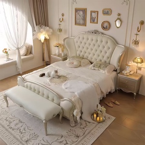 European Style Double Bed High-End Master Bedroom Up-Holstered American Style Leather Bed Solid Wood Wedding Bed <b>Frame</b> - Product Image 3