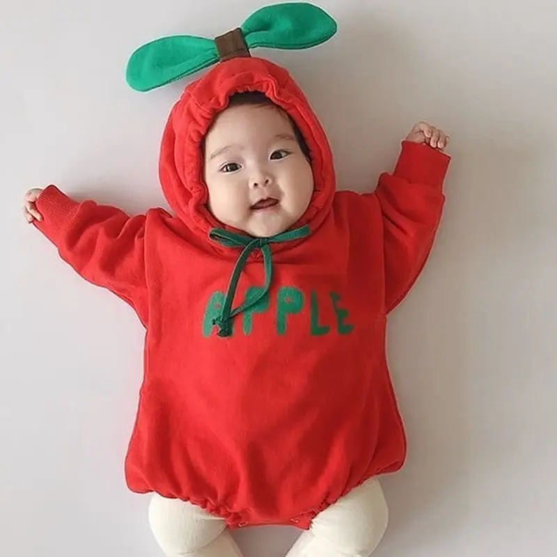 बच्चे को कपड़े नवजात शिशु एप्पल डिजाइन कपास Rompers प्यारा शिशु Jumpsuit फैशन Hooded बच्चे Romper